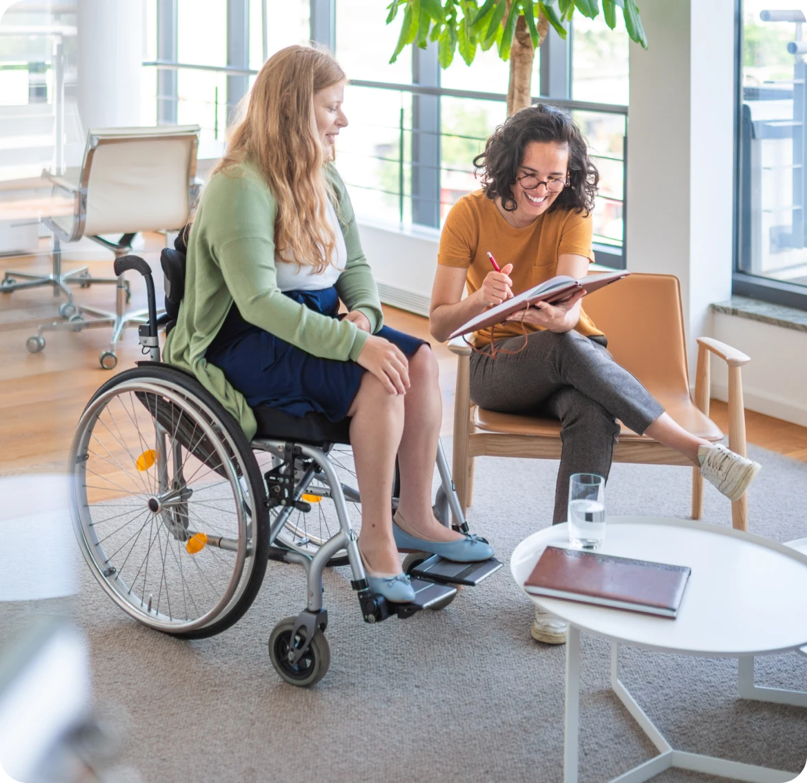 Woman in wheelchair discussing with colleague